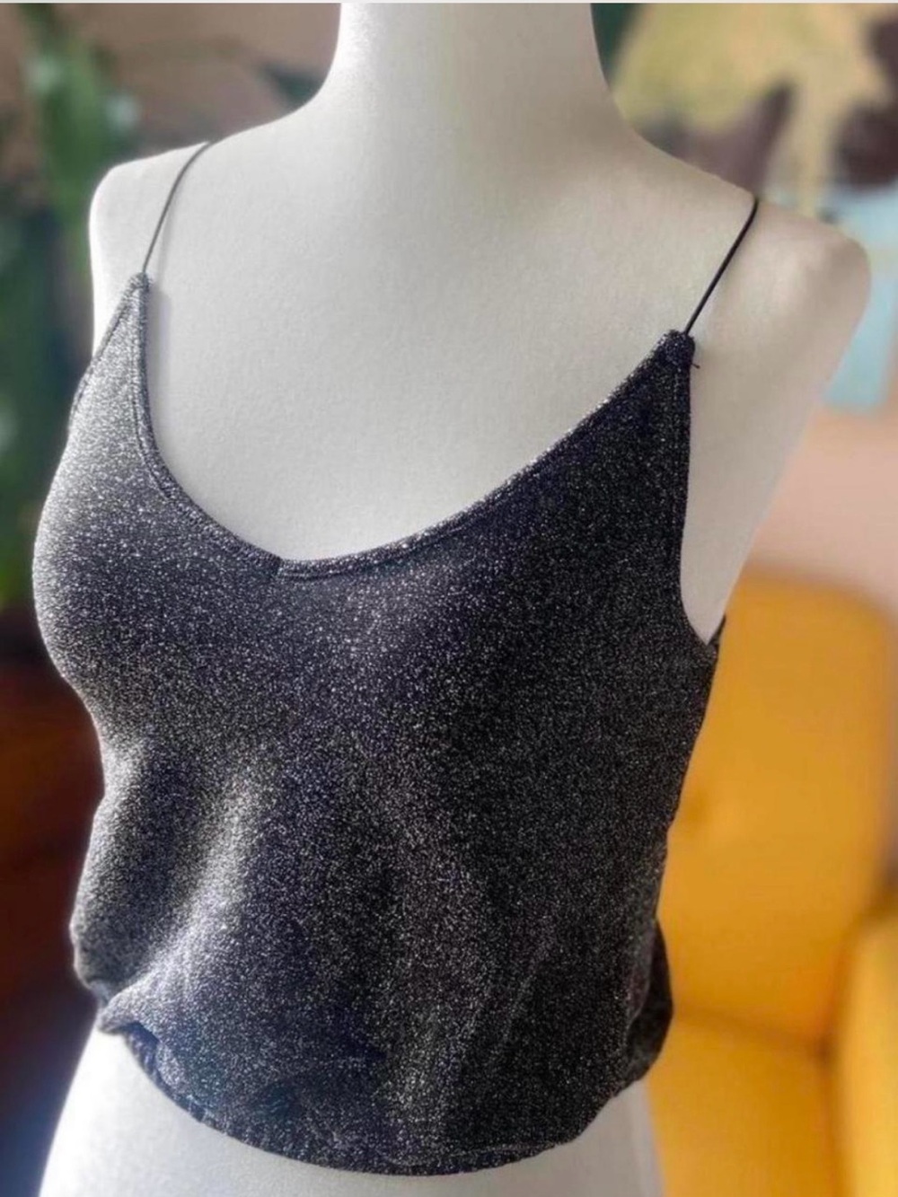 Black Sparkle Spaghetti Strap Tank Top -  — Glitter Knit Camisole